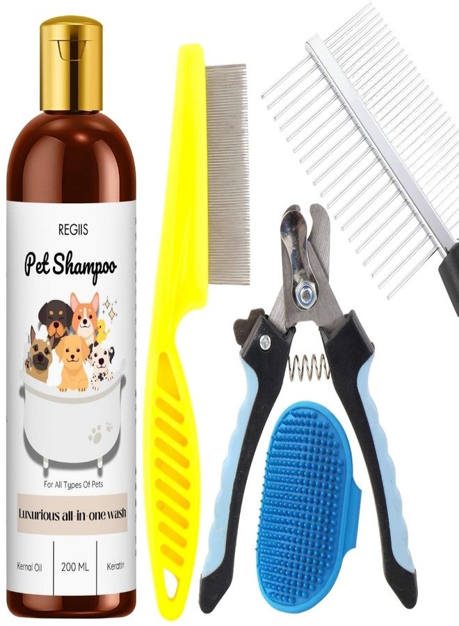 REGIIS Pet Grooming Kit, 4-Piece Set with Dog Shampoo, Metal Comb, Nail Clipper, Grooming Brush for All Types of Pets, 200 ML - Image 1